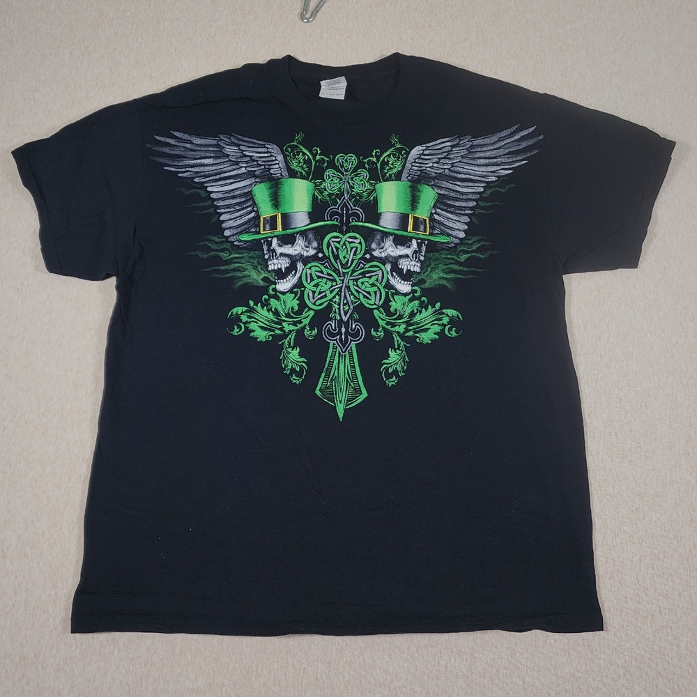 Irish Leprechaun Skull Shamrock Graphic Tee Shirt Mens XL Black St Patricks Day